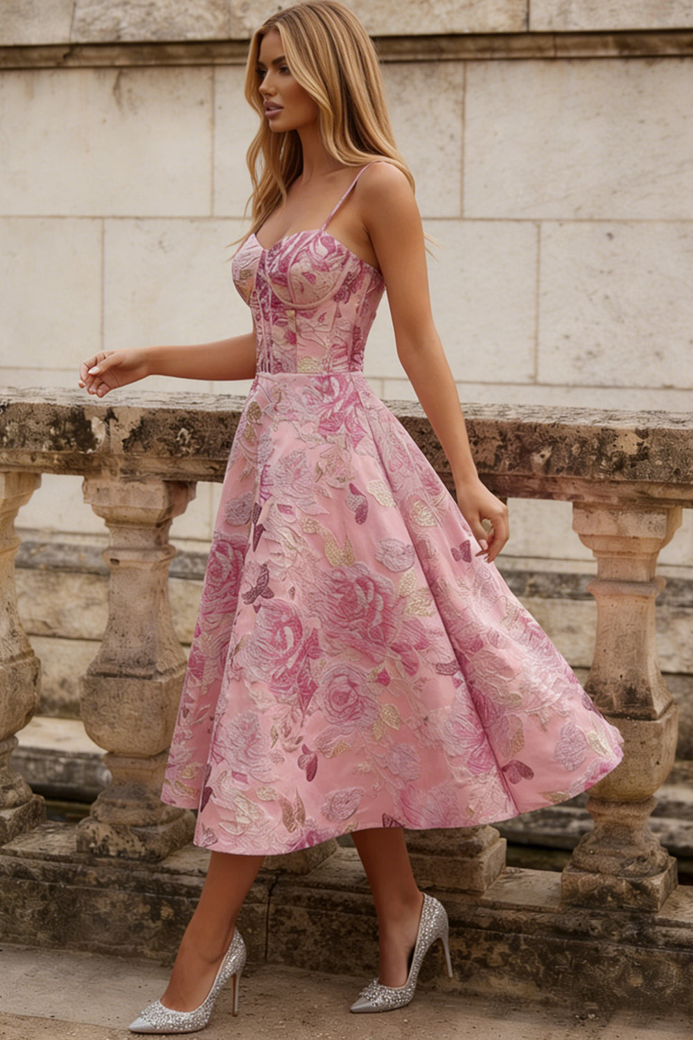 Satin Floral Corset Prom Dresses for Women 2026 Spaghetti Straps A Line Party Dress With Lace Up (HW038)