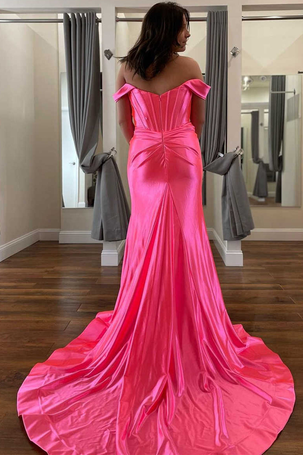 Satin Mermaid Off Shoulder Prom Dresses Side Slit Evening Dress Long for Women (HW048)