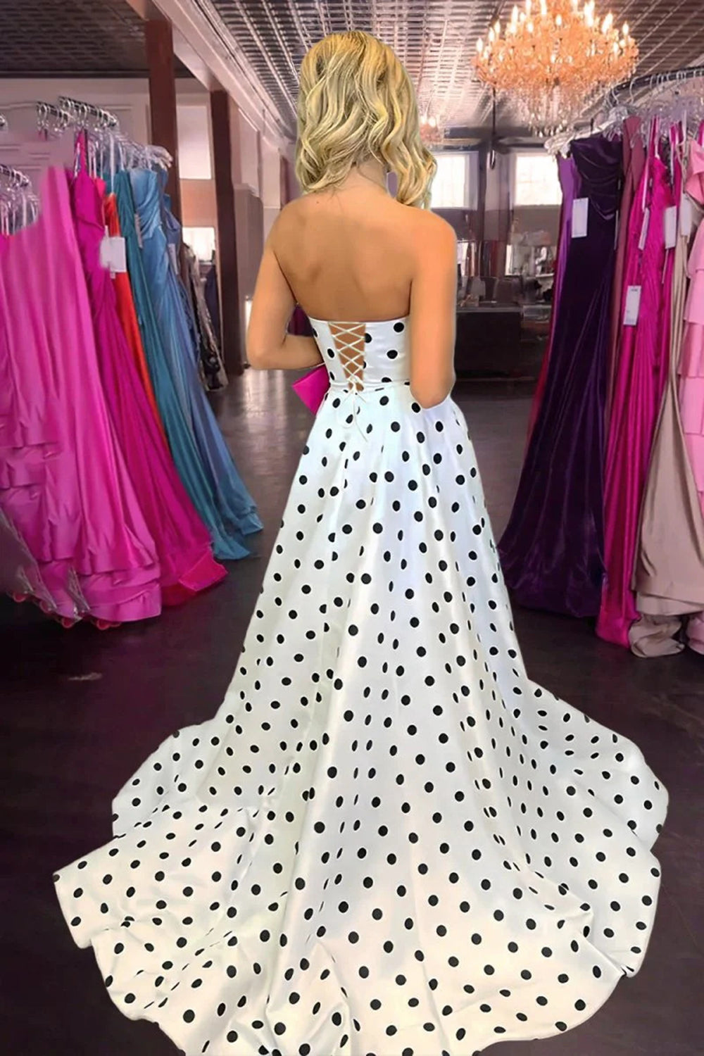 Sweetheart A Line Black Dots Prom Dresses Long Strapless Evening Party Gowns with Bowknot (HW030)