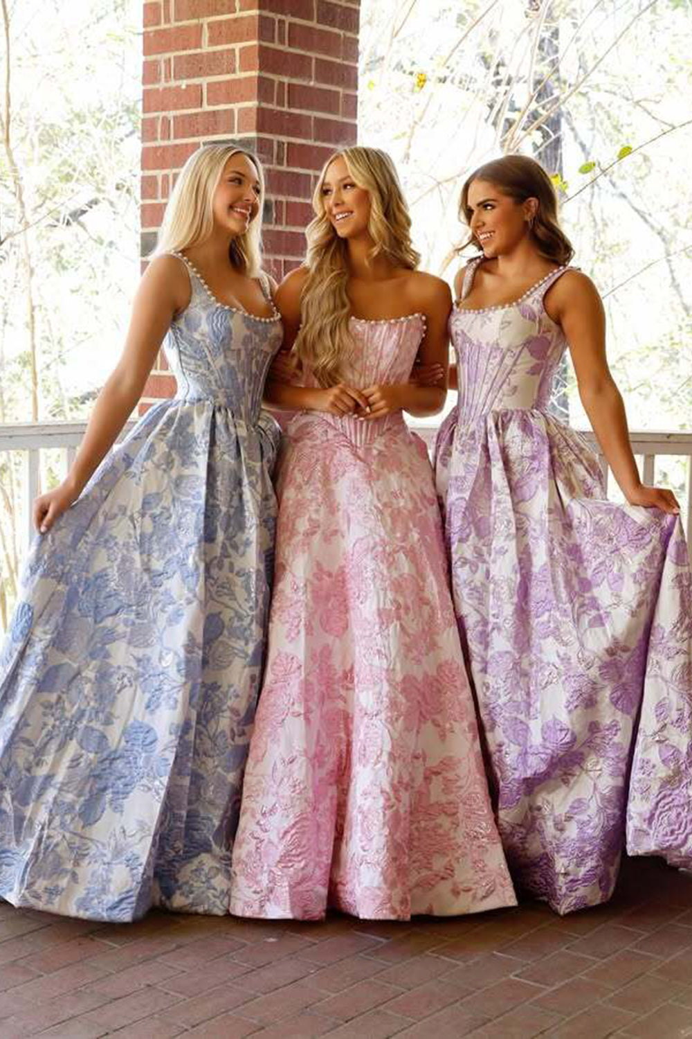 Long A Line Shoulders Floral Print Prom Dresses with Pearls Backless Evening Party Ball Gowns (HW025)
