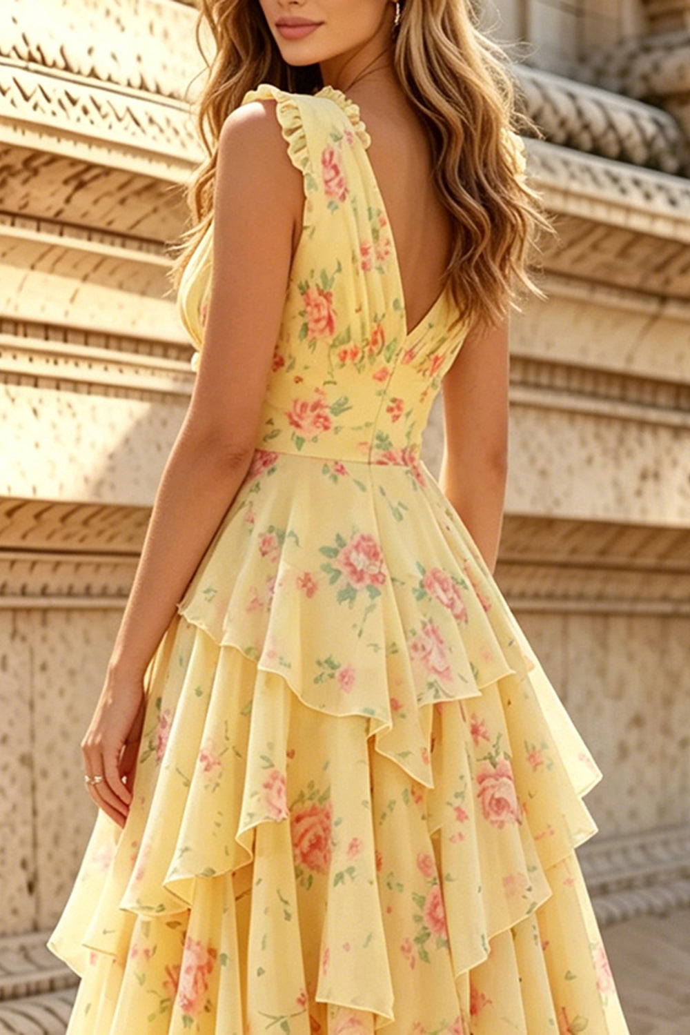 Chiffon A Line Prom Dresses for Women 2026 Straps Flower Tiere Ruffled Formal Evening Party Dress (HW070)