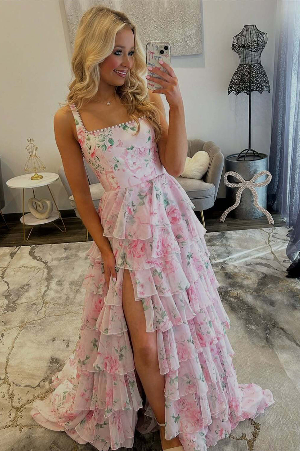 Long A Line Strapless Floral Print Prom Dresses Chiffon Tiered Backless Evening Party Gowns (HW019)