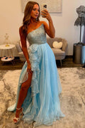 One Shoulder Long Prom Dress Beaded Bodice Chiffon A-Line with 3D Flower Ruffle High Slit Wedding Guest Dress (HW152)