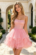 Beaded Sequin Homecoming Dress Spaghetti Straps Ruffled Layered Tulle A Line Short Formal Dress (HW272)