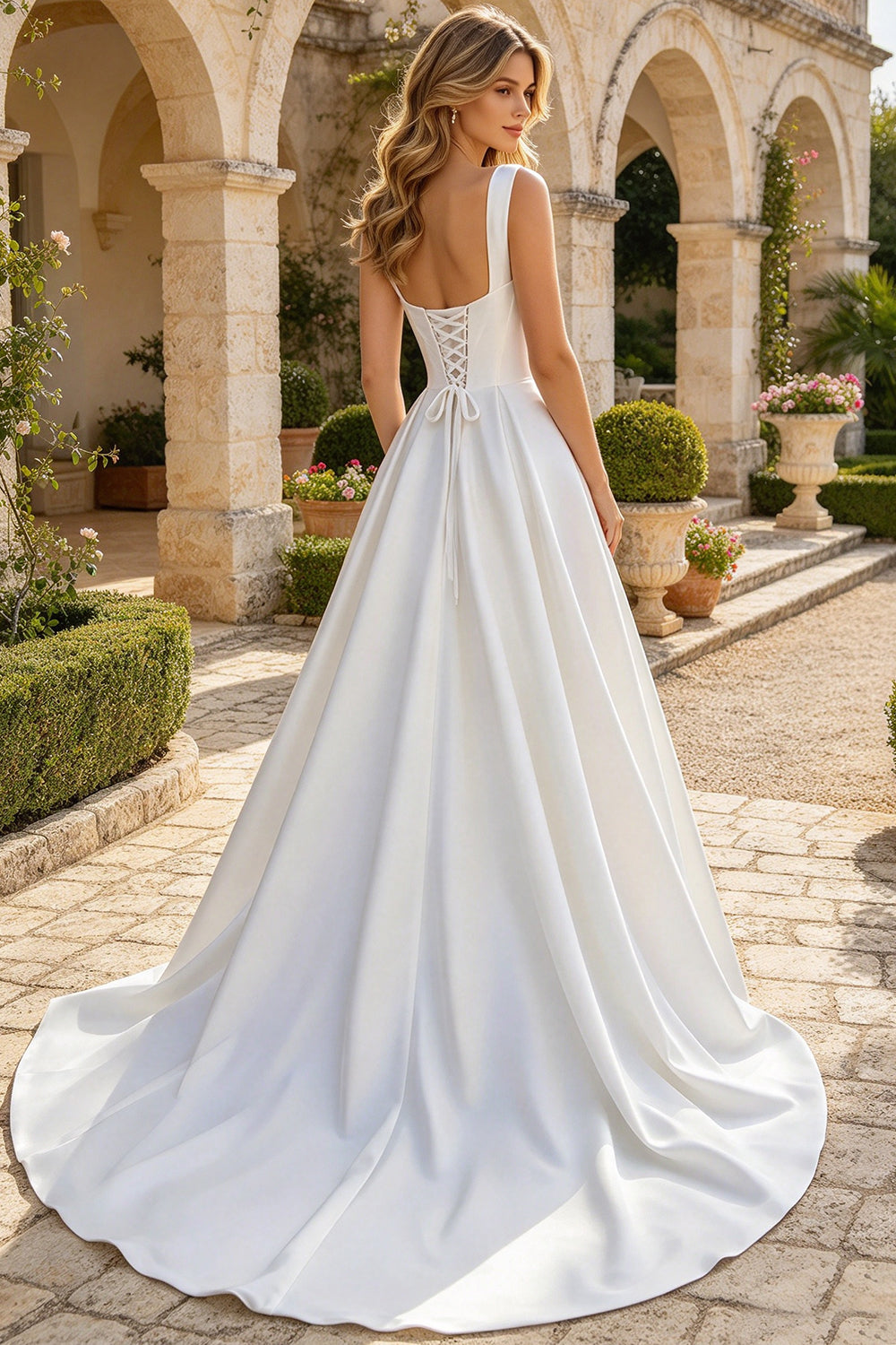 Sweetheart Satin A Line Wedding Dress Corset Wide Strap Lace Up Bridal Gown (HW338)