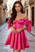 Satin Off The Shoulder Big Bow Sweetheart Corset A-Line Mini Homecoming Dress for Teen Graduation Prom Dress (HW125)
