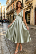 Elegant Sage Green Satin V-Neck Bow Strap A-Line Midi Homecoming Dress for Graduation (HW107)