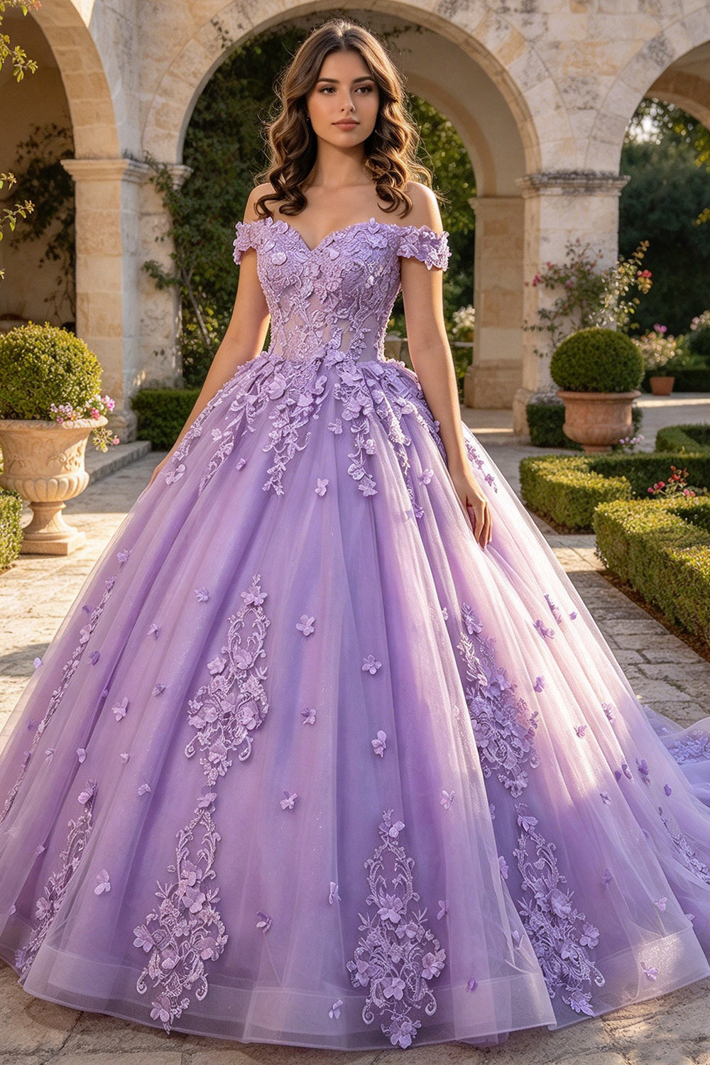 Off Shoulder Quinceanera Dress 3D Floral Tulle Ball Gown With Lace Up Sweet 16 Dress (HW343)