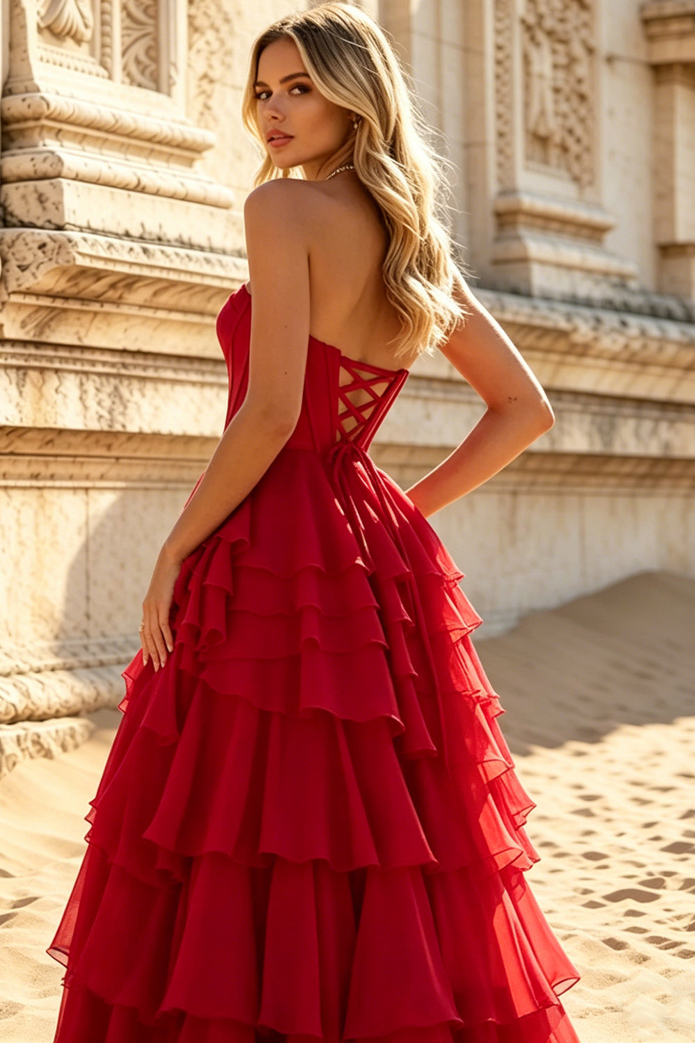Satin Sweetheart Corset Prom Dresses Chiffon Layered Ruffle Long Slit Party Dress With Lace Up (HW043)