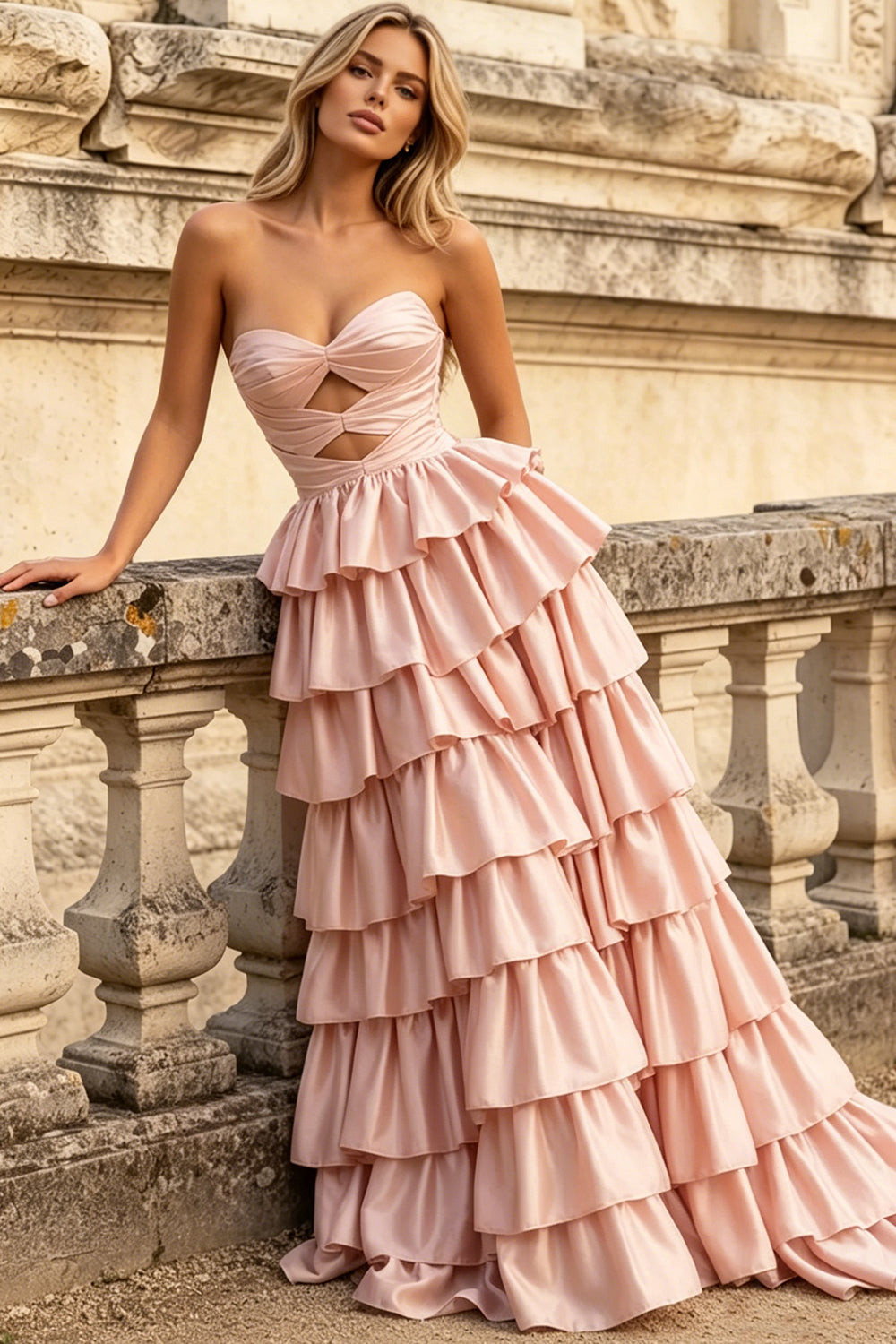 Satin Sweetheart Corset Prom Dresses Pleated Layered Ruffle Long Slit Party Dress With Lace Up (HW039)
