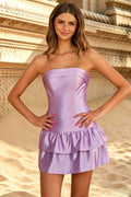 Strapless Sheath Satin Corset Tiere Ruffled Homecoming Dresses for Juniors with Lace Up (HW086)