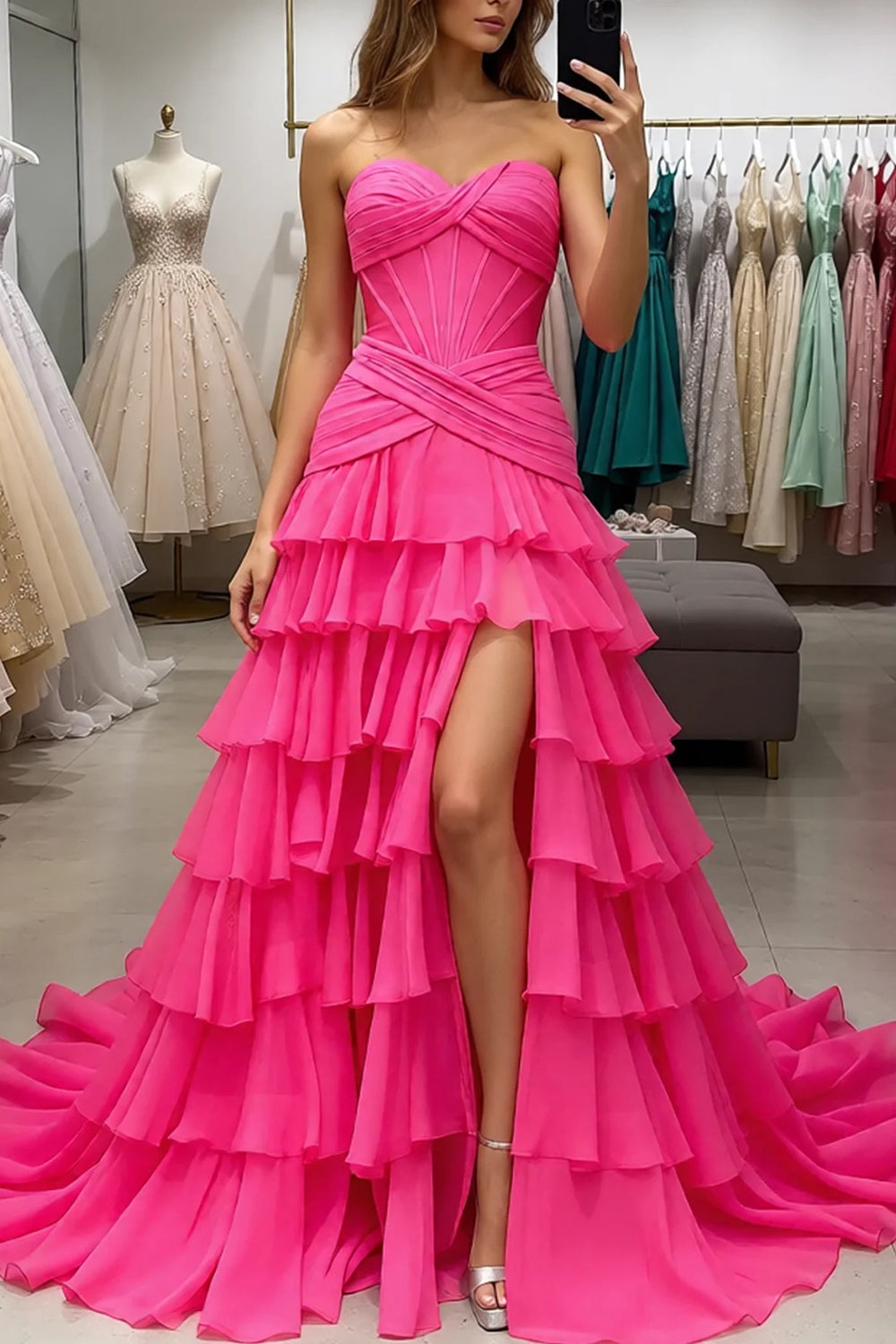 Satin Sweetheart Corset Prom Dresses Pleated Chiffon Layered Ruffle Long Slit Party Dress With Lace Up (HW042)