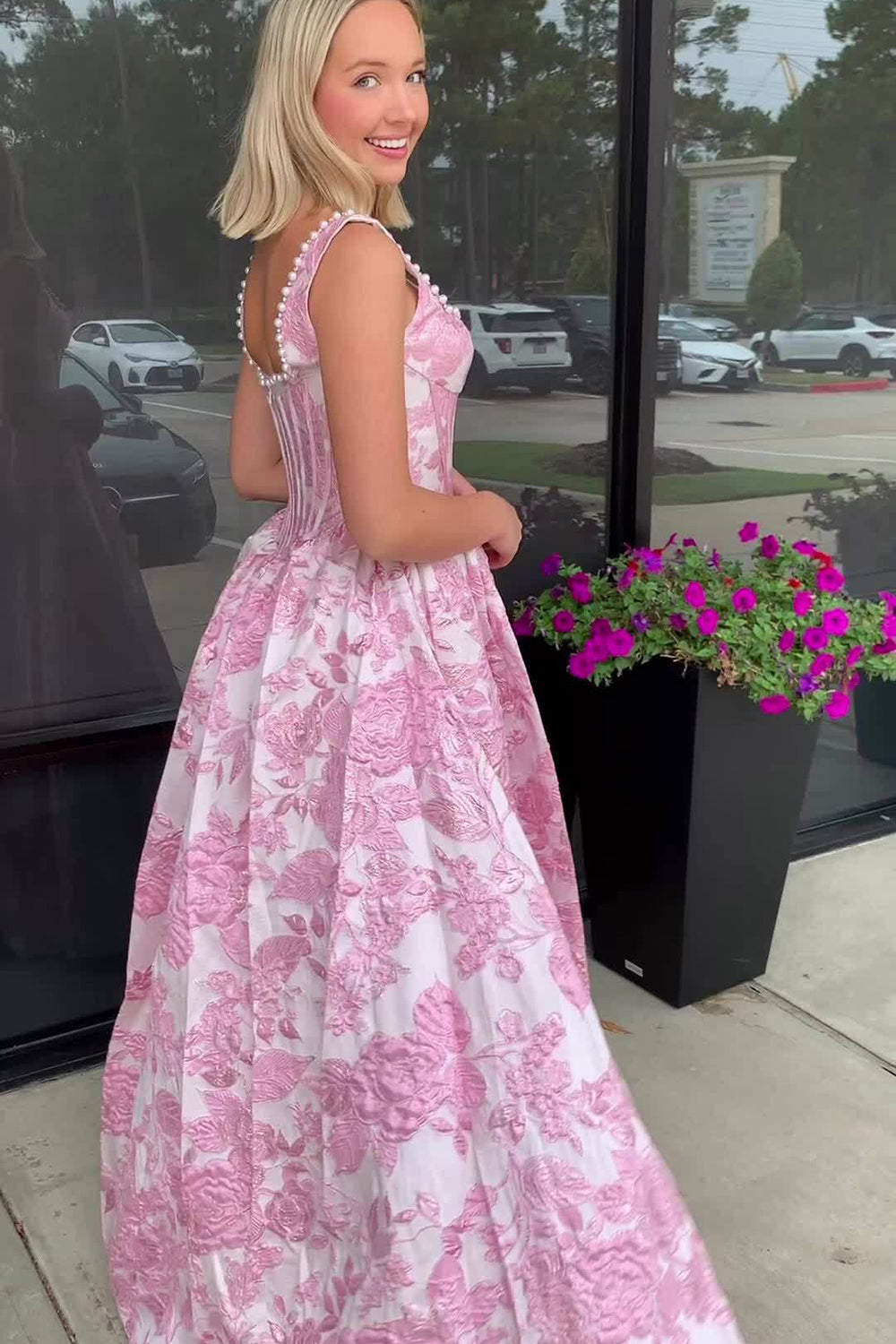 Long A Line Shoulders Floral Print Prom Dresses with Pearls Backless Evening Party Ball Gowns (HW025)