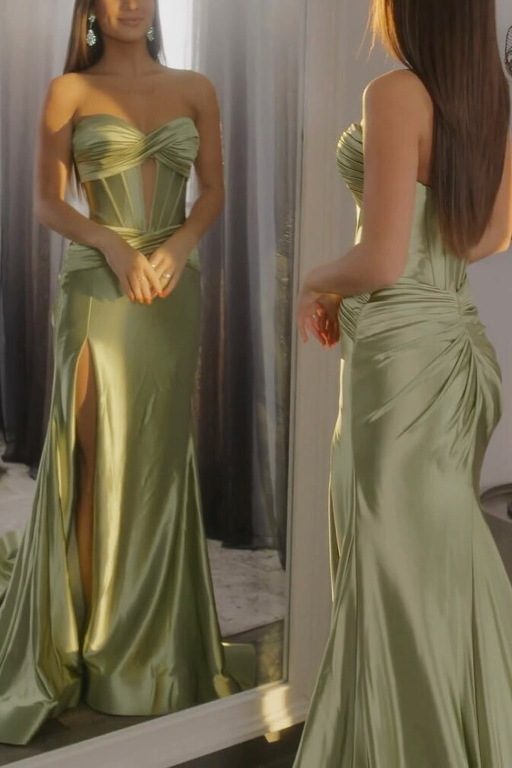 Satin Prom Dresses for Women 2026 Sweetheart Cut Out Mermaid Long Evening Party Dress with Slit (HW023)
