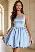 Satin Homecoming Dress Strap Puffy Bubble Hem A-Line Short Dress for Graduation Cocktail Party (HW182)