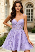 Floral Lace V Neck Homecoming Dress Sheer Corset A-Line Tulle Short Cocktail Party Dress for Graduation (HW183)
