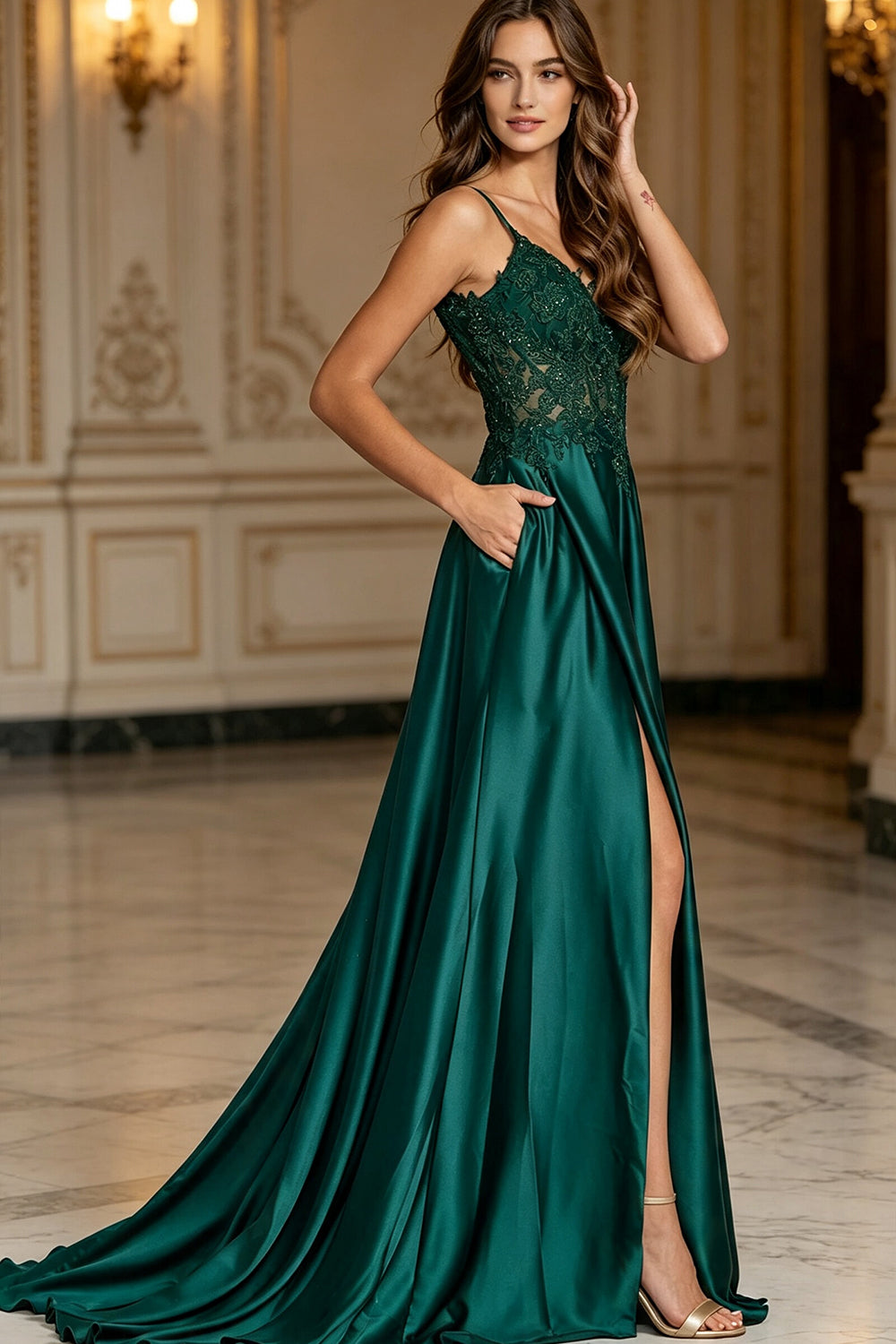 Satin Spaghetti Strap Long Prom Dress V-Neck Lace Applique A-Line High Slit with Pockets Wedding Guest Dress (HW146)