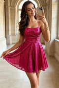 Sequin Spaghetti Strap Homecoming Dress Lace-Up A-Line Short Party Dress for Cocktail (HW184)