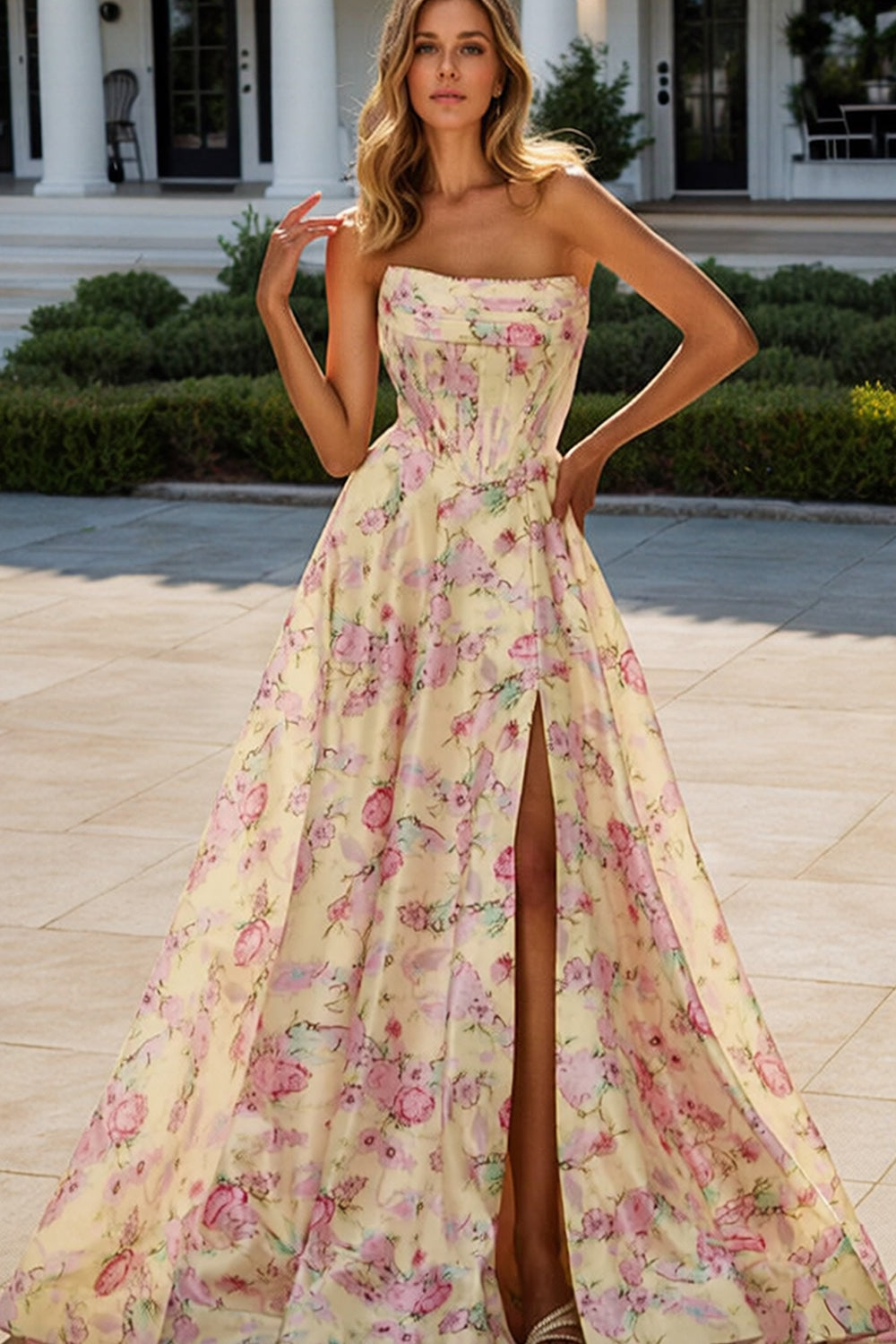 Satin Floral A Line Prom Dresses for Women Long Corset 2026 with Side Slit Strapless Wedding Guest Dress (HW004)