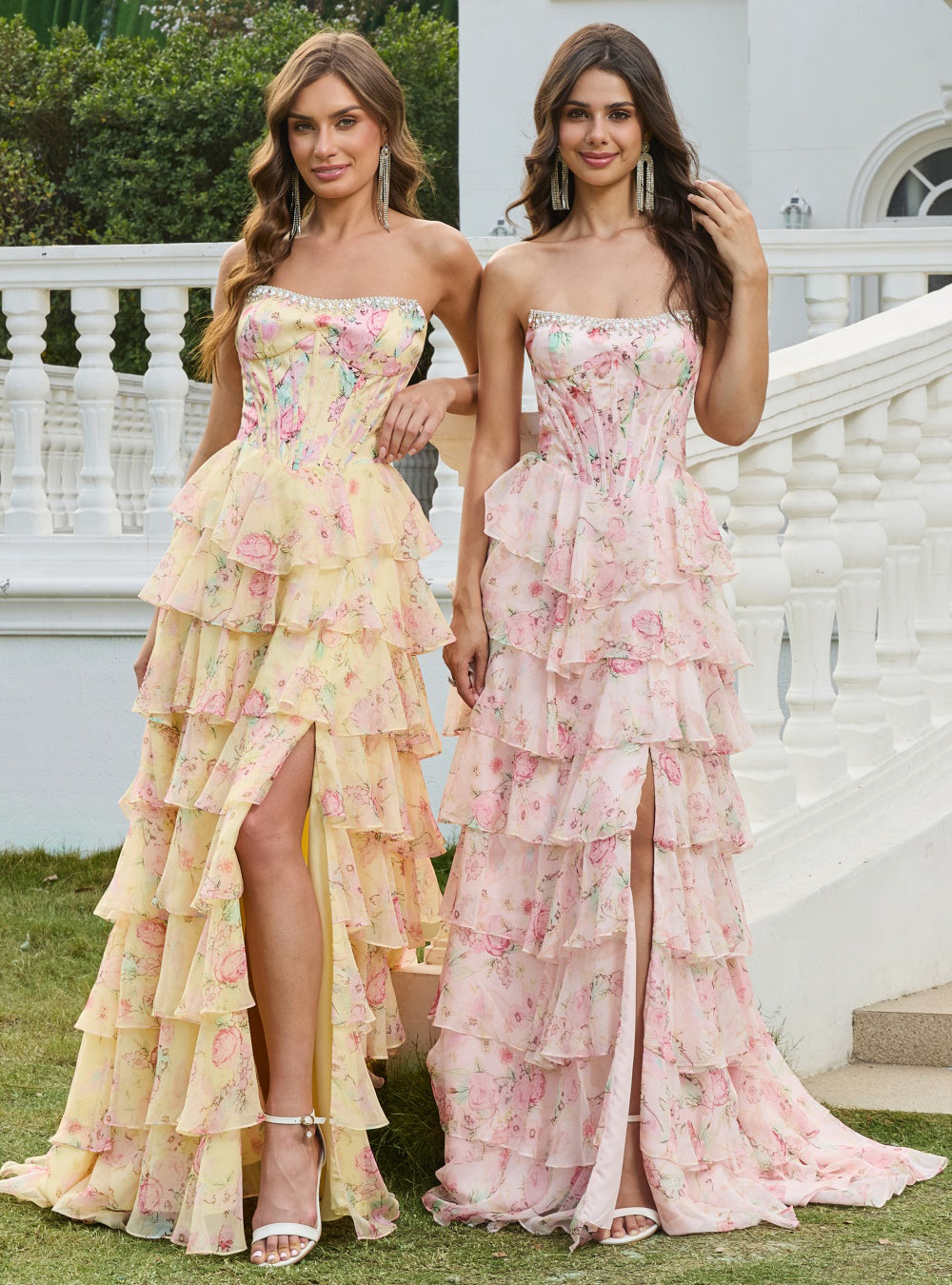 Satin Floral Corset Prom Dresses for Women Long 2026 with Slit Strapless Chiffon Tiered Ball Gown Quinceanera Dress(HW002)