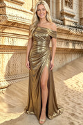 Metallic Satin Mermaid Off Shoulder Prom Dresses Slit Weeding Guest Dress Long for Women (HW067)