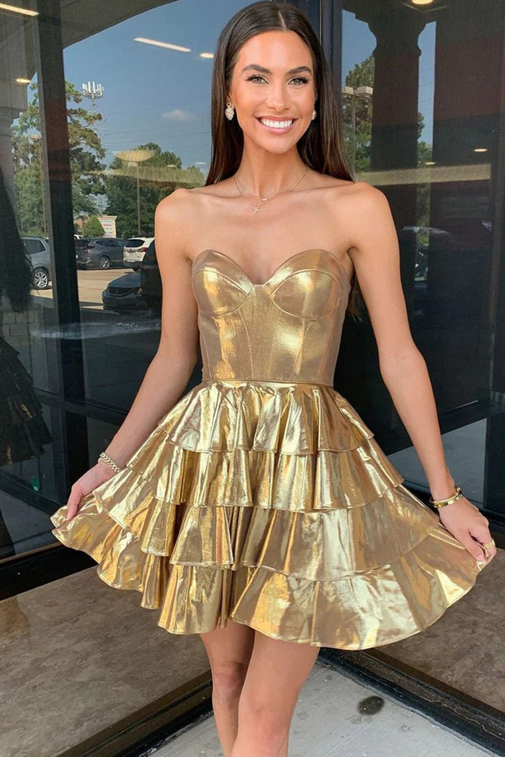 Metallic Gold Strapless Corset Tiered Ruffle A-Line Mini Homecoming Dress for Teen Graduation Prom Cocktail Dress (HW138)