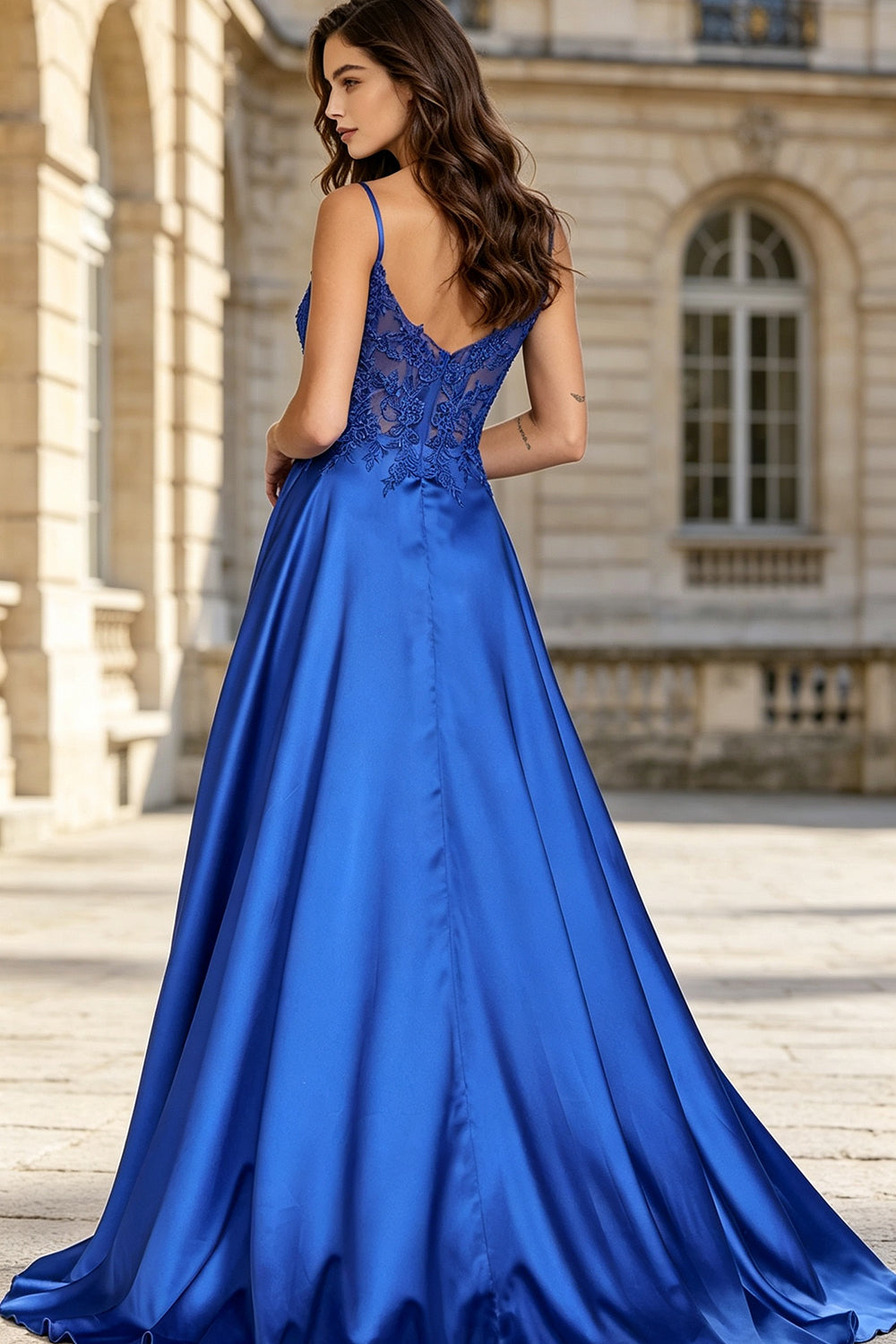 Satin Spaghetti Strap Long Prom Dress V-Neck Lace Applique A-Line High Slit with Pockets Wedding Guest Dress (HW146)