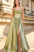 Satin Prom Dress for Women Long A Line 2026 Corset Lace Up Wedding Guest Dresses with Slit (HW059)
