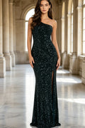 Sequin One Shoulder Long Prom Dress with Thin Cross Back Straps High Slit for Wedding Guest Formal Evening Party (HW147)