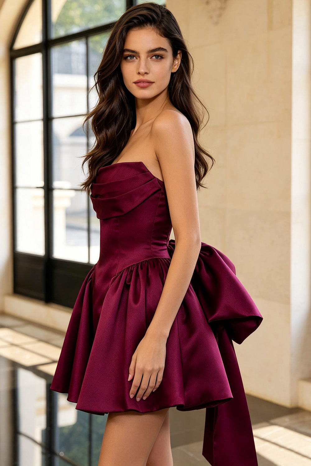 Strapless Fold Satin Homecoming Dress Corset Lace-Up Back Big Bow A-Line Short Formal Party Dress (HW186)