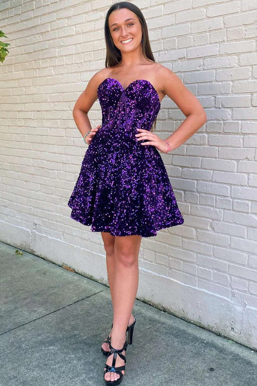 Sequin Strapless A-Line Mini Homecoming Dress for Teen Sweetheart Corset Graduation Prom Cocktail Dress (HW126)