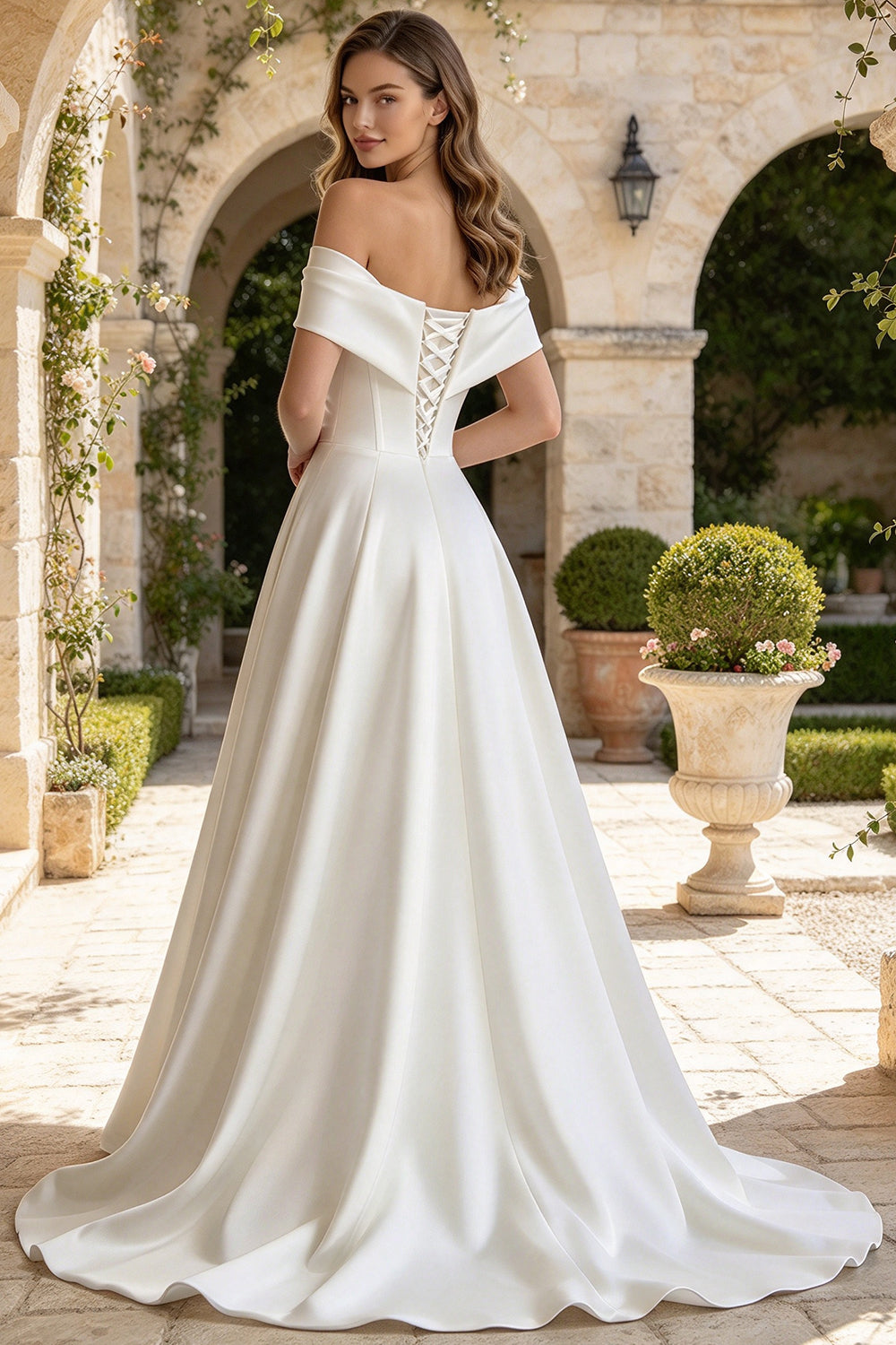 Off The Shoulder Satin A Line Wedding Dress with Waist Bow Slit Lace Up Bridal Gown (HW326)