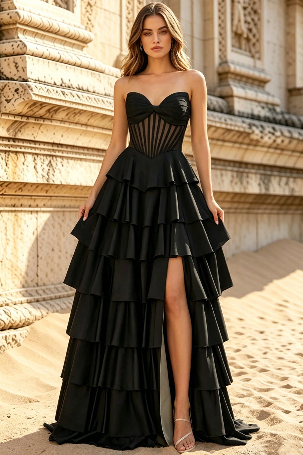 Satin Sweetheart Corset Prom Dresses Pleated Layered Ruffle Long Slit Party Dress With Lace Up (HW060)
