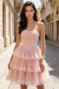 Strapless Floral Lace Corset Mini Homecoming Dress for Teen Tiered Ruffle Tulle Graduation Short Cocktail Dress (HW156)