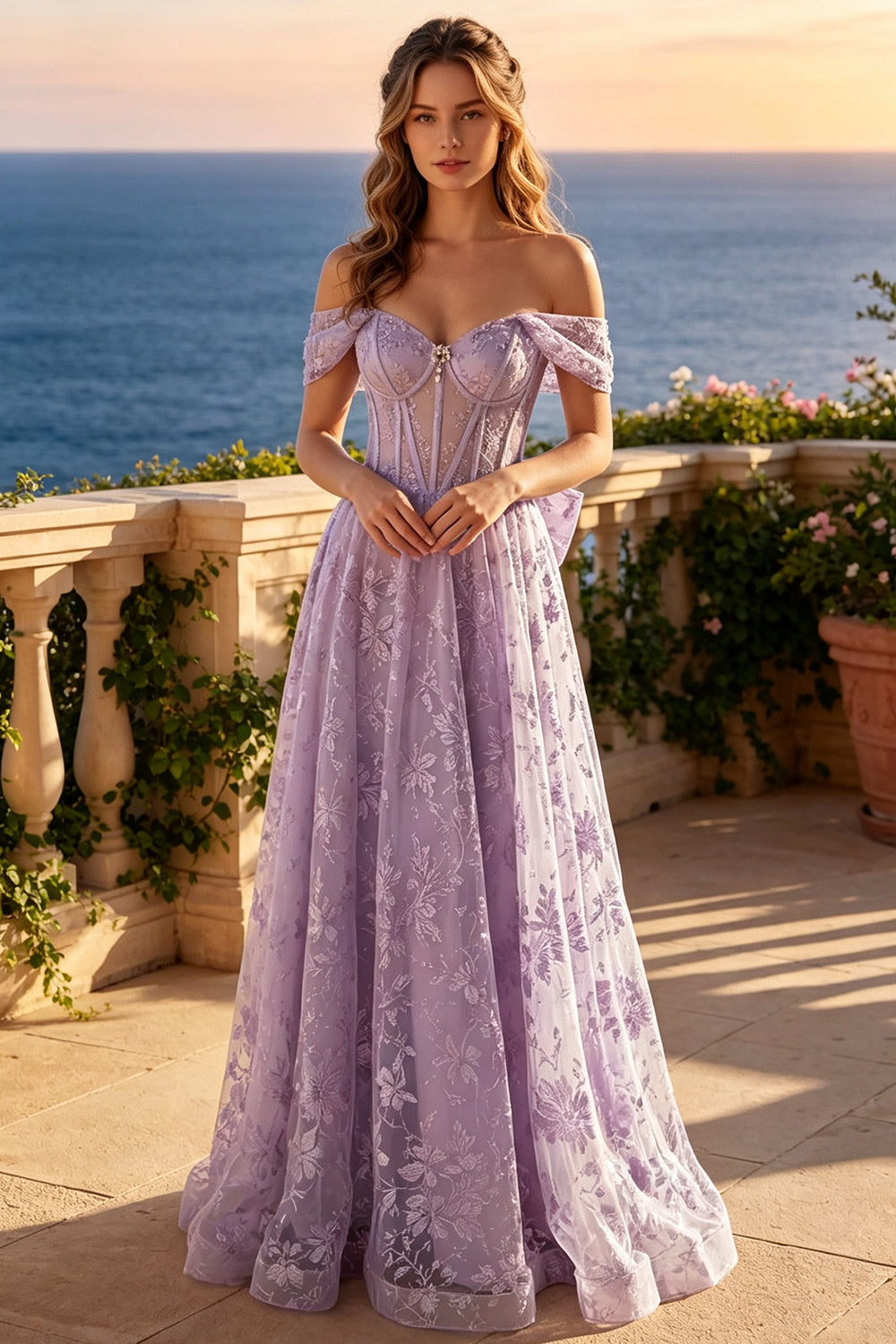 Off The Shoulder Prom Dress Sheer Floral Glitter Tulle A-Line Long Formal Gown With Big Back Bow (HW256)