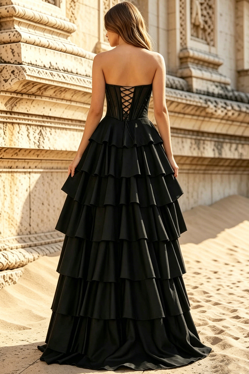 Satin Sweetheart Corset Prom Dresses Pleated Layered Ruffle Long Slit Party Dress With Lace Up (HW060)