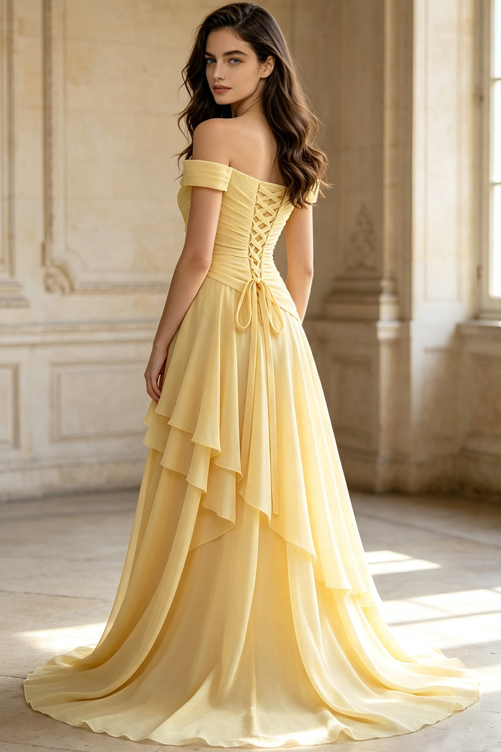 Off The Shoulder Chiffon Prom Dress Lace Up Ruffled High Slit Long Formal Wedding Guest Dress (HW157)