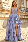 Satin Sweetheart Corset Prom Dresses Pleated Layered Ruffle Long Slit Party Dress With Lace Up (HW060)