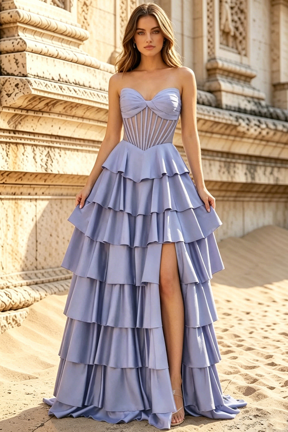 Satin Sweetheart Corset Prom Dresses Pleated Layered Ruffle Long Slit Party Dress With Lace Up (HW060)
