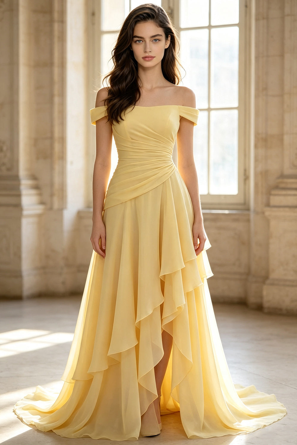 Off The Shoulder Chiffon Prom Dress Lace Up Ruffled High Slit Long Formal Wedding Guest Dress (HW157)