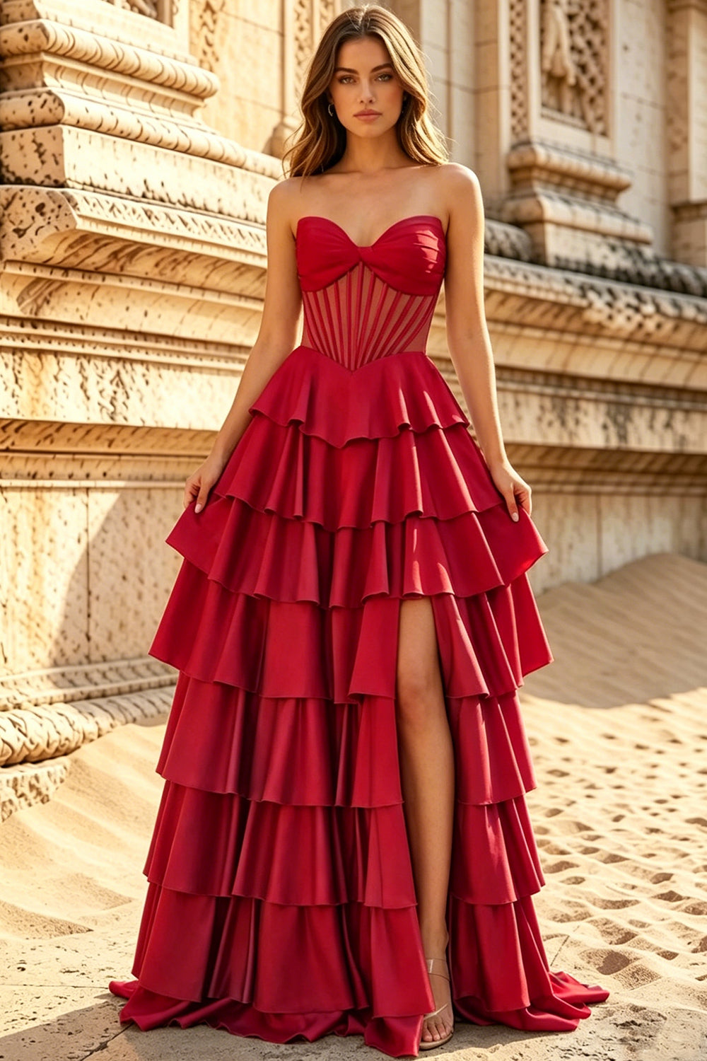 Satin Sweetheart Corset Prom Dresses Pleated Layered Ruffle Long Slit Party Dress With Lace Up (HW060)