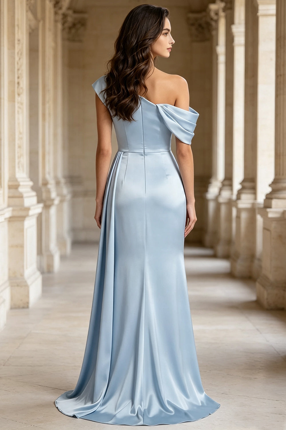 One Shoulder Satin Prom Dress Asymmetrical Ruched High Slit Long Formal Wedding Guest Dress (HW158)