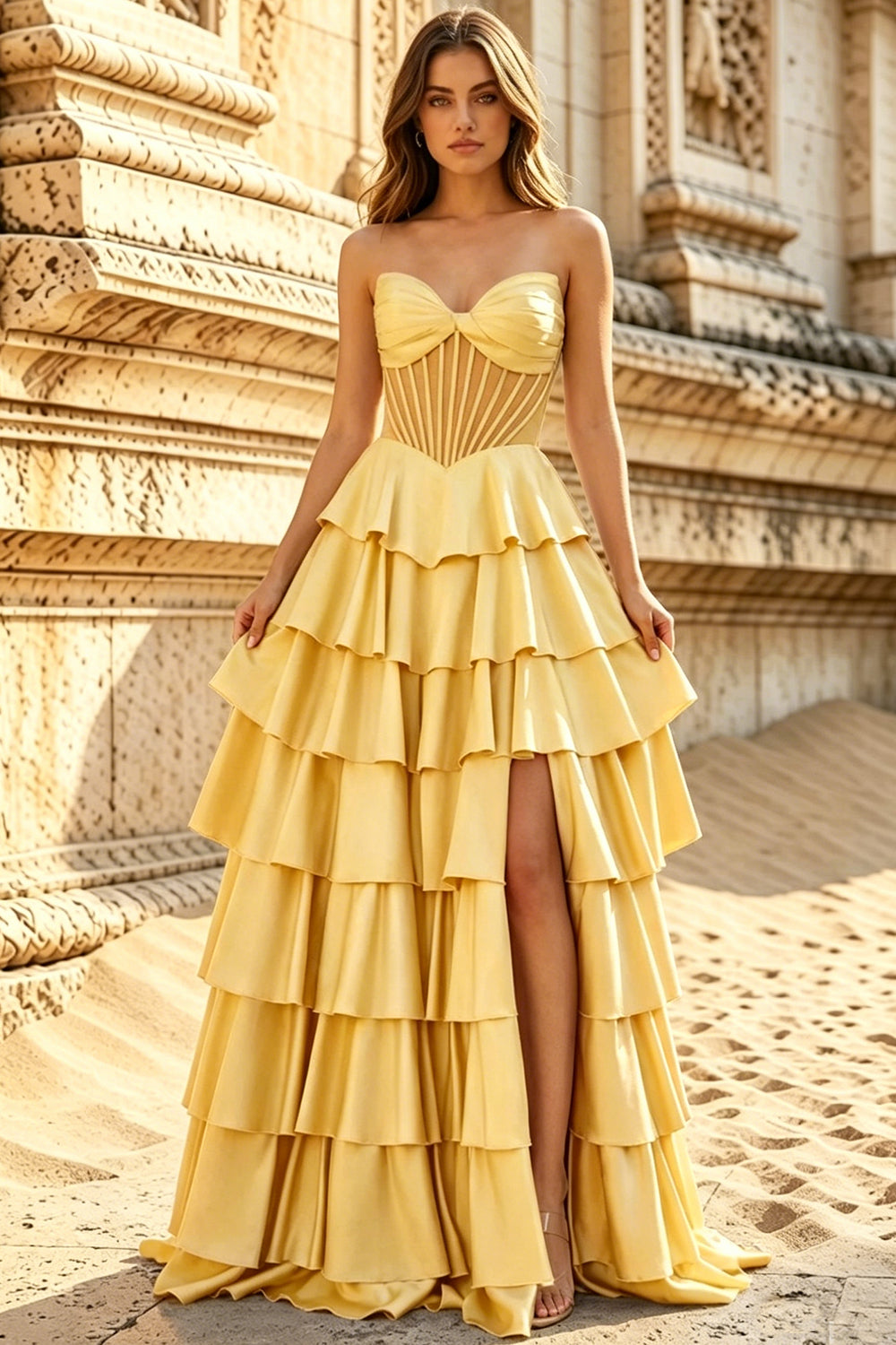 Satin Sweetheart Corset Prom Dresses Pleated Layered Ruffle Long Slit Party Dress With Lace Up (HW060)