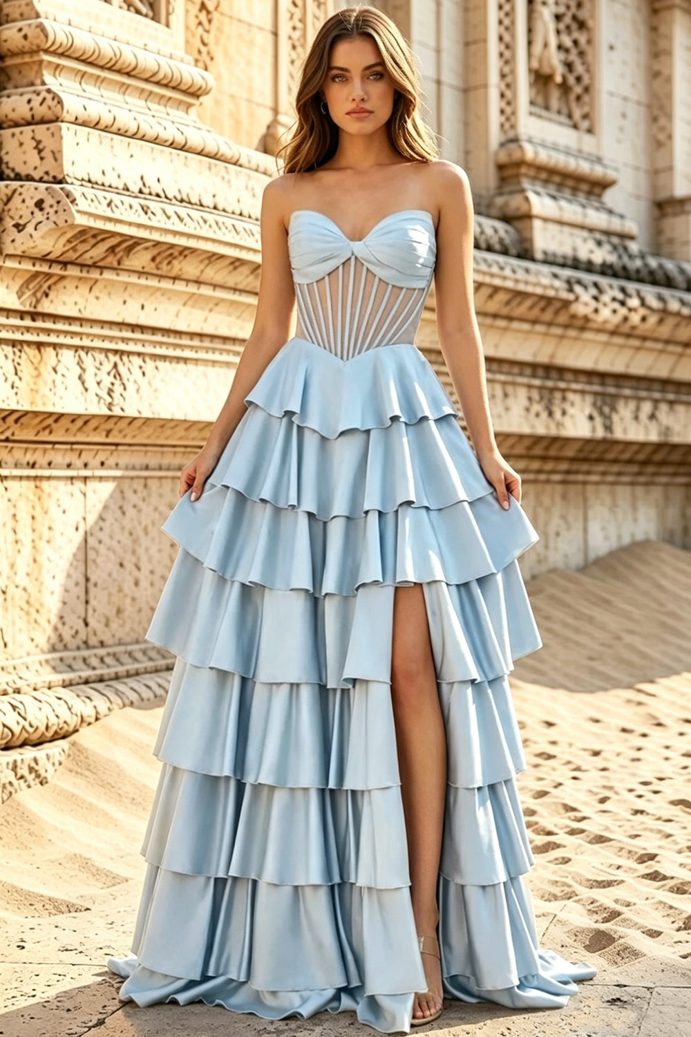 Satin Sweetheart Corset Prom Dresses Pleated Layered Ruffle Long Slit Party Dress With Lace Up (HW060)