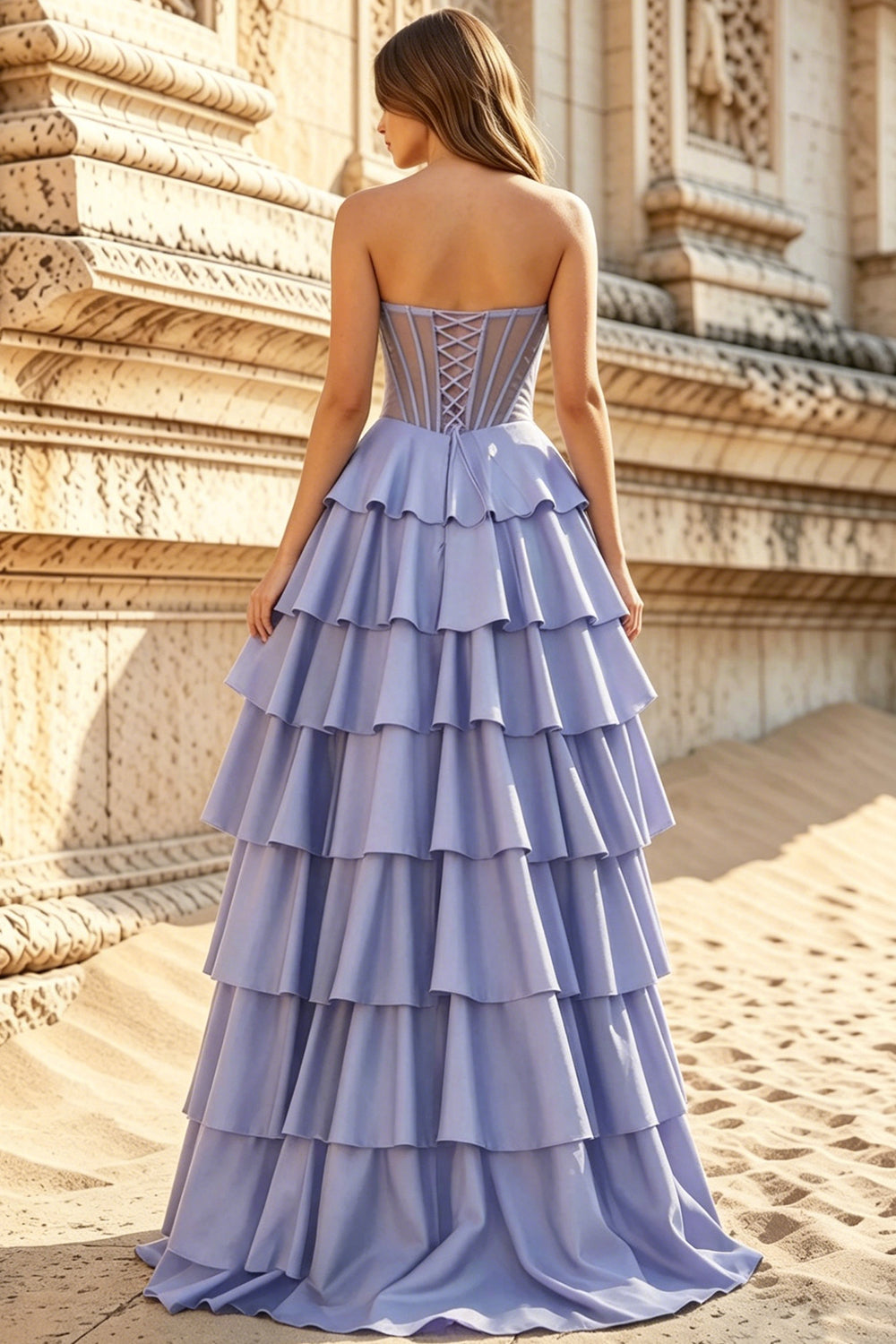 Satin Sweetheart Corset Prom Dresses Pleated Layered Ruffle Long Slit Party Dress With Lace Up (HW060)