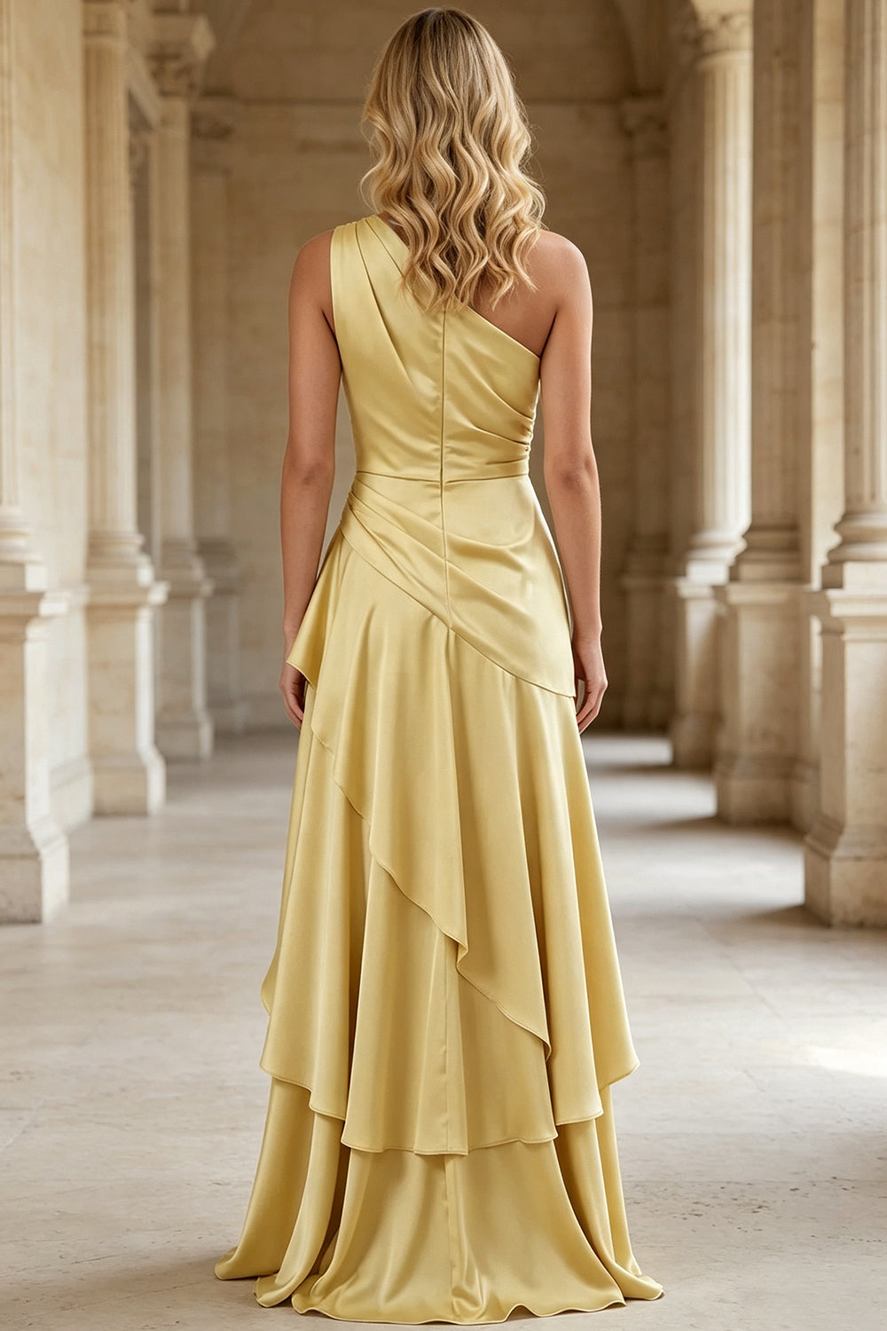 One Shoulder Satin Prom Dress Asymmetrical Draped High Slit Long Formal Wedding Guest Dress (HW159)
