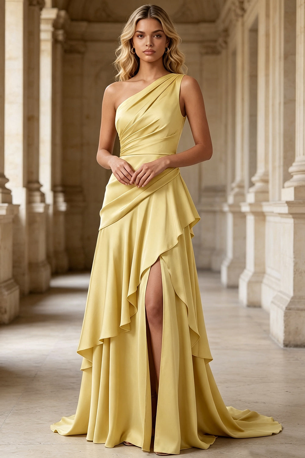 One Shoulder Satin Prom Dress Asymmetrical Draped High Slit Long Formal Wedding Guest Dress (HW159)