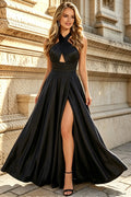 Satin A-Line Prom Dresses Slit Evening Dress Long for Women with Halter Neck (HW082)