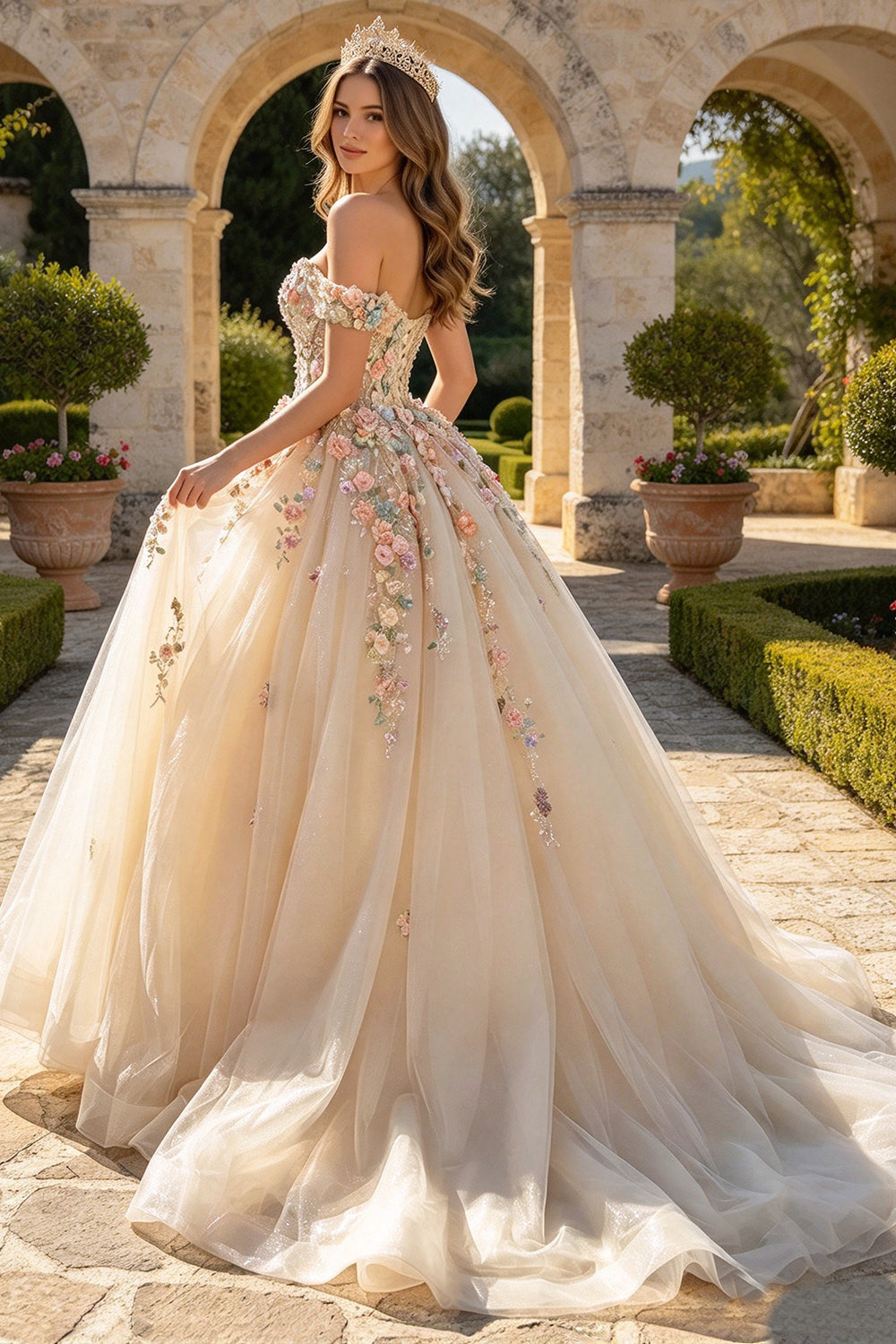 Champagne Off Shoulder Quinceanera Dress Colorful 3D Floral Applique Tulle Princess Ball Gown (HW345)