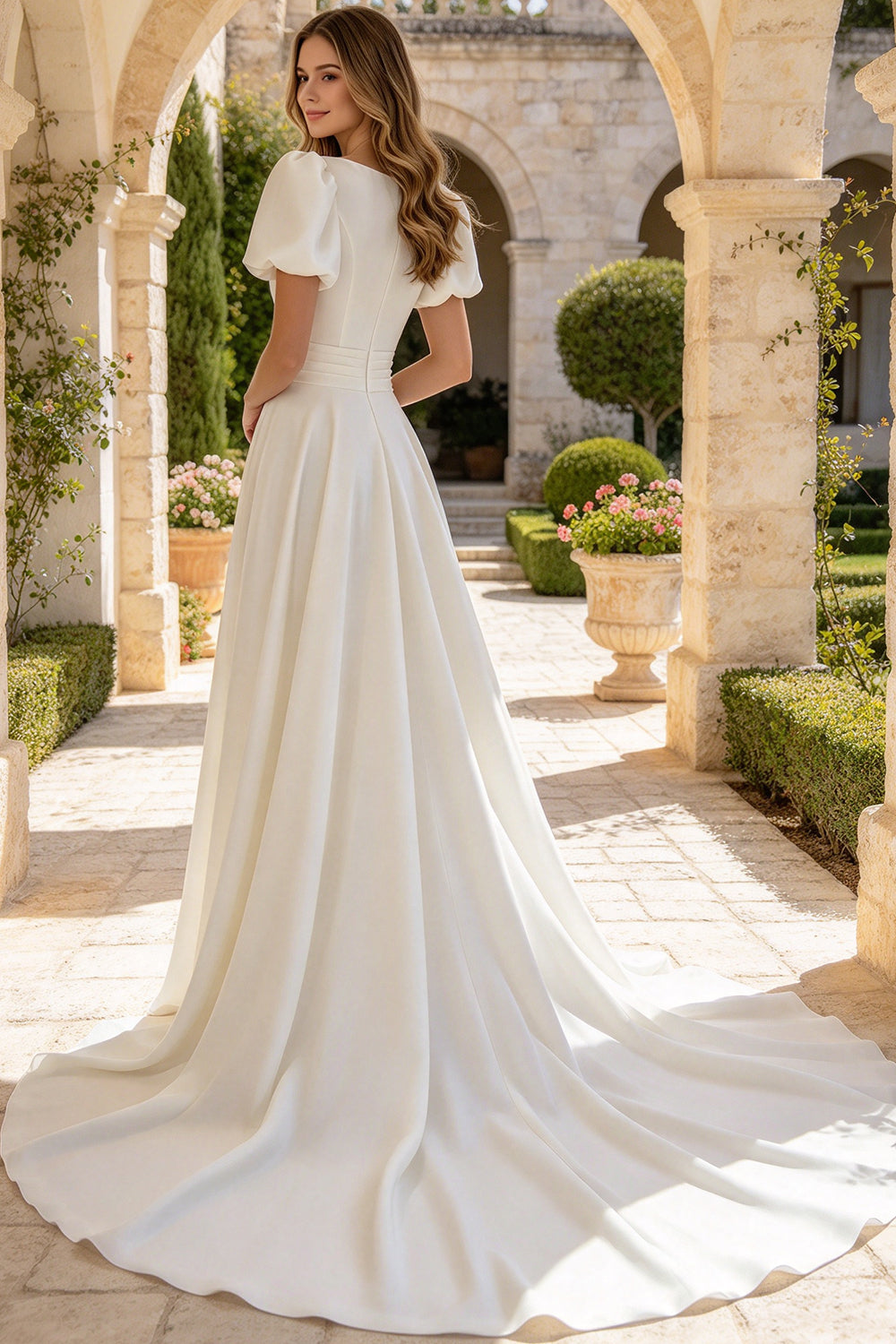 Puff Short Sleeve Satin Wedding Dress Long A Line Bridal Gown (HW334)
